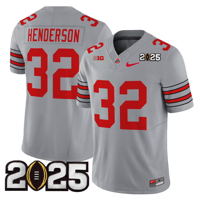 Men Ohio State Buckeyes #32 TreVeyon Henderson Grey 2025 CFP Final Patch F.U.S.E. Vapor Limited Stitched NCAA Jersey->ncaa teams->NCAA Jersey